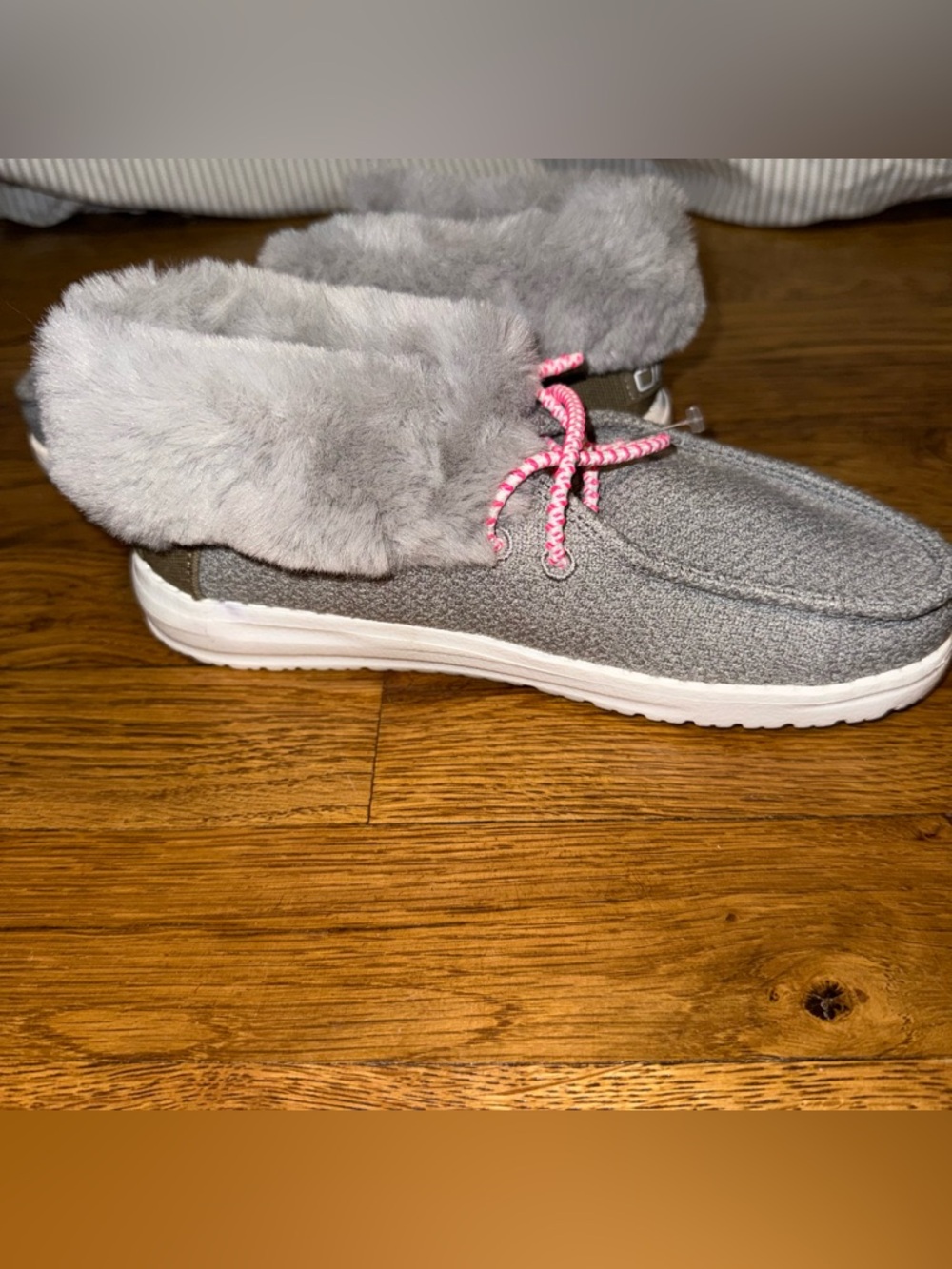 Hey Dude Kids Grey Slippers with Pink Laces